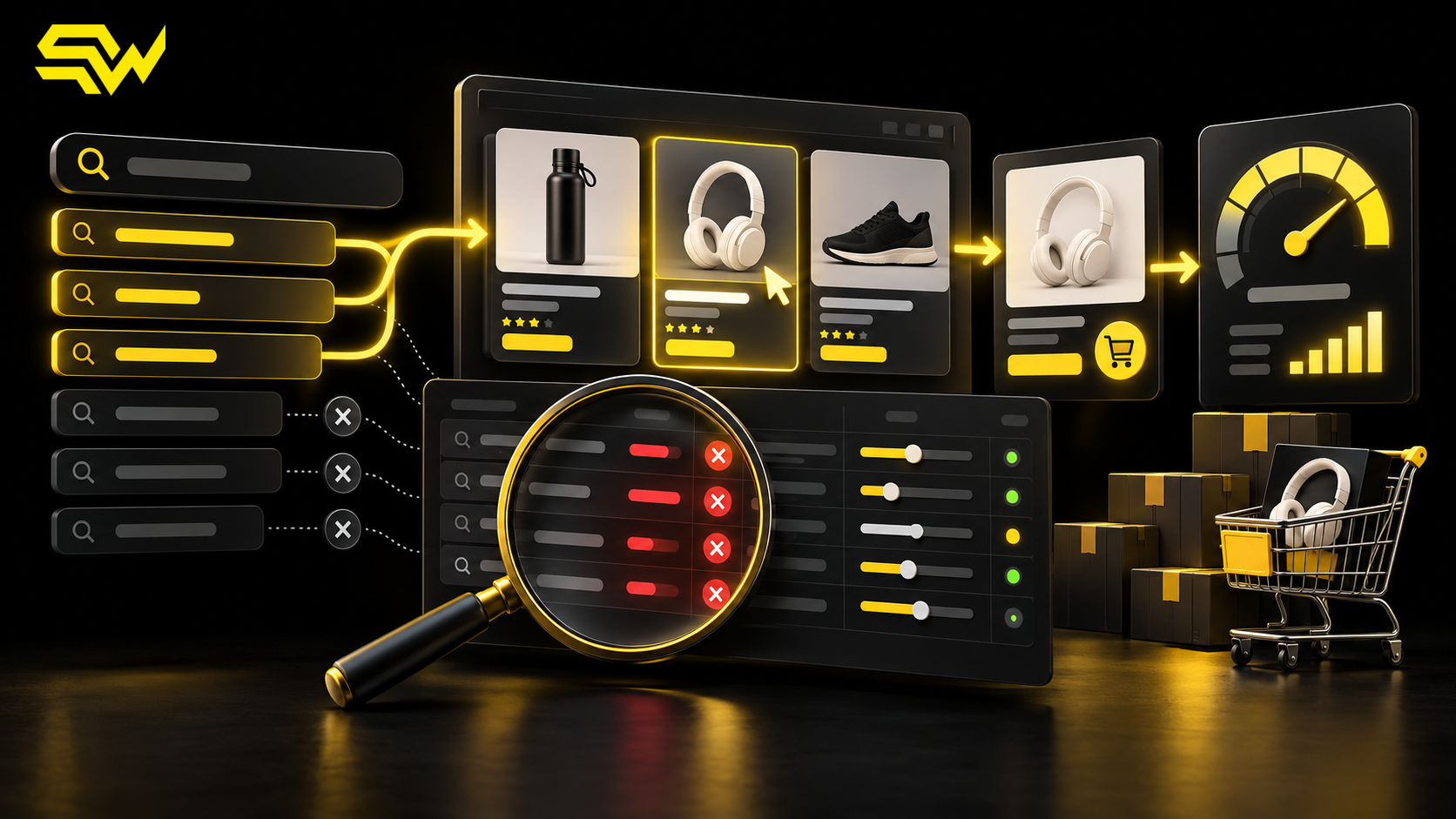 Black and yellow marketplace advertising illustration showing search terms, sponsored product cards, bid controls, inefficient targets being filtered and a profitability gauge, with the SW icon in the upper-left corner.