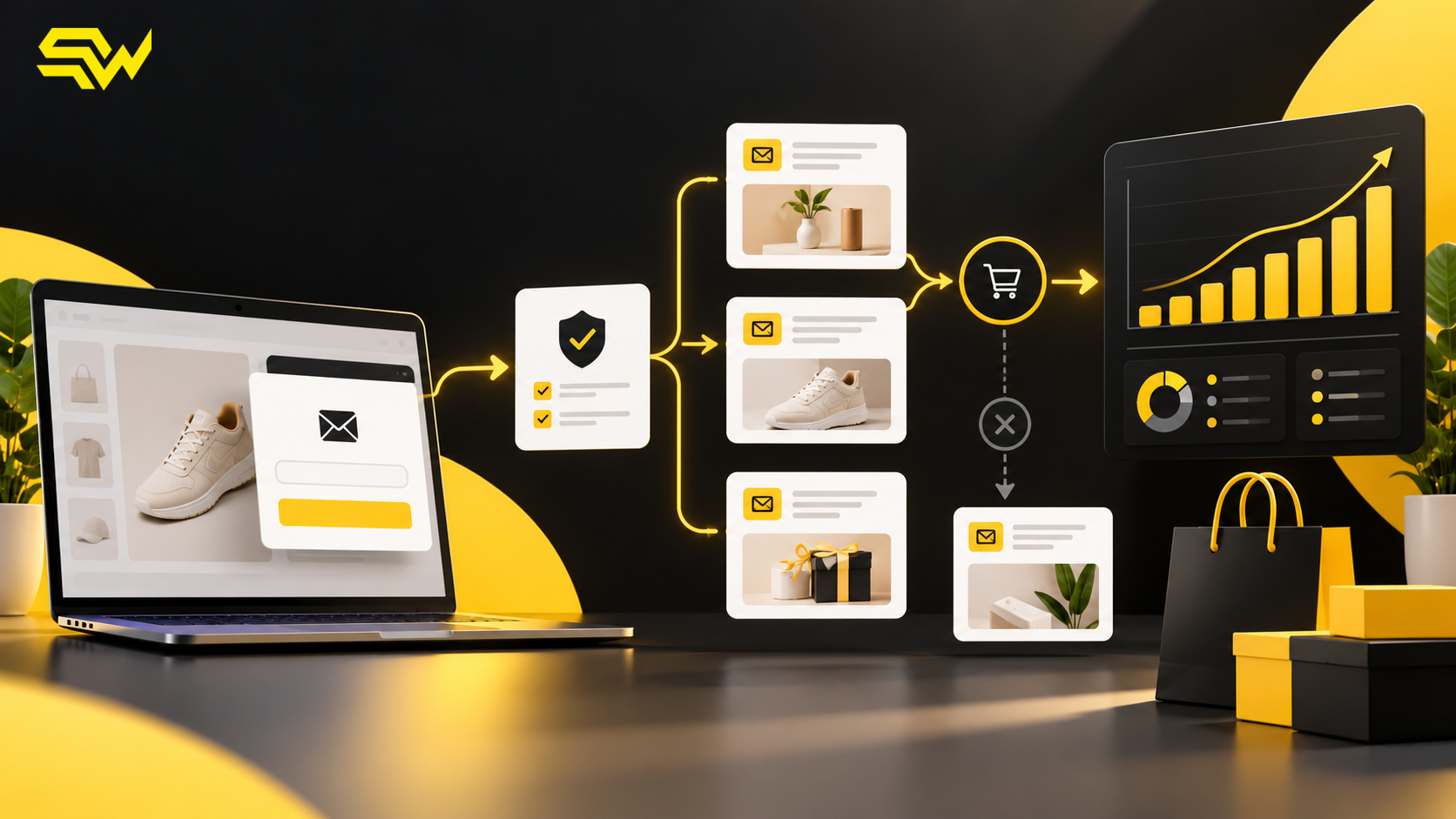 Black and yellow Klaviyo welcome-flow illustration showing a Shopify signup form moving through consent, email sequencing, purchase checks and revenue measurement, with the SW icon at upper left.