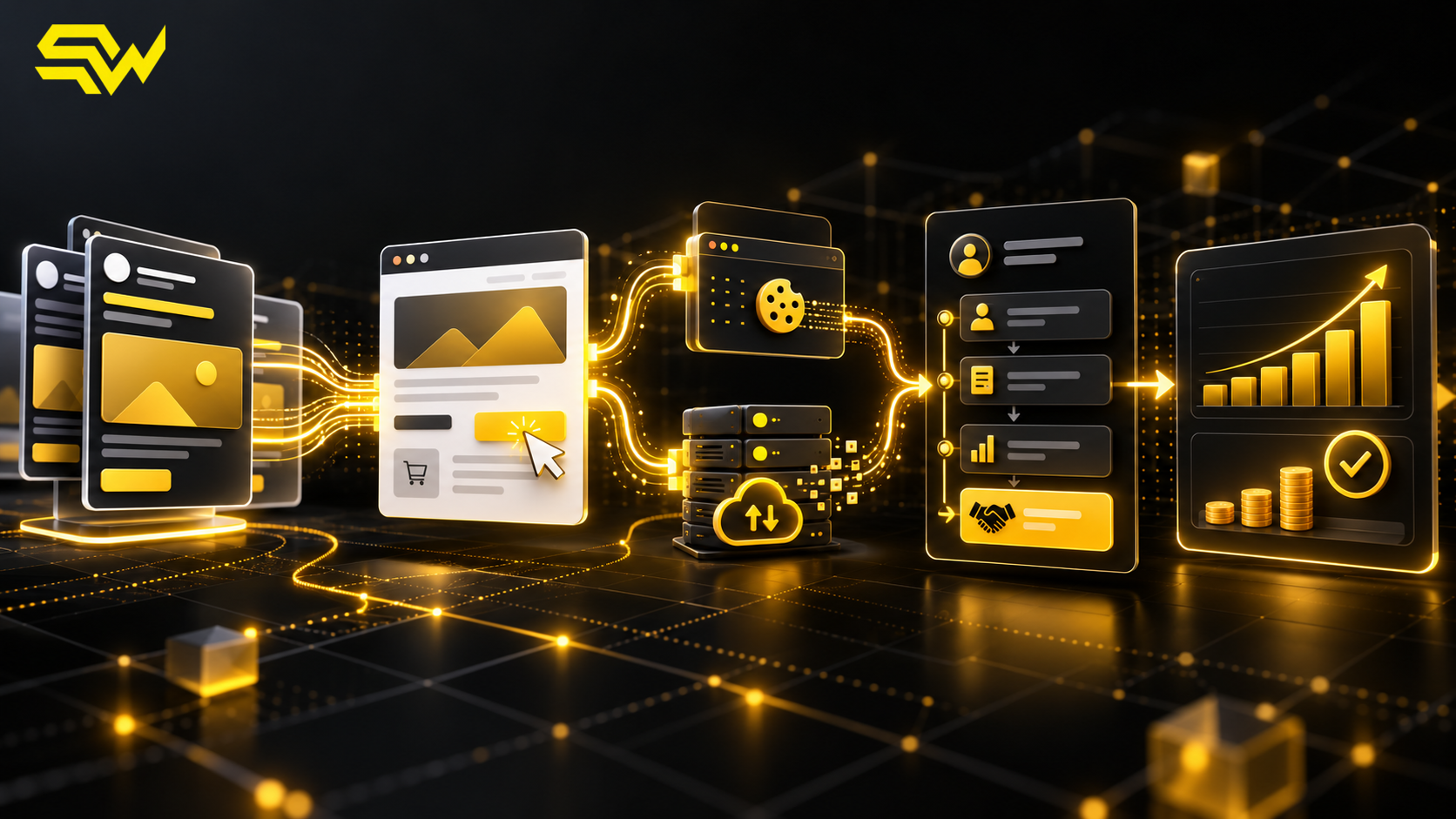 Black and yellow B2B advertising measurement illustration connecting professional-network ads and a website to browser and server conversion signals, CRM opportunity stages and verified revenue, with the SW icon in the upper-left corner.
