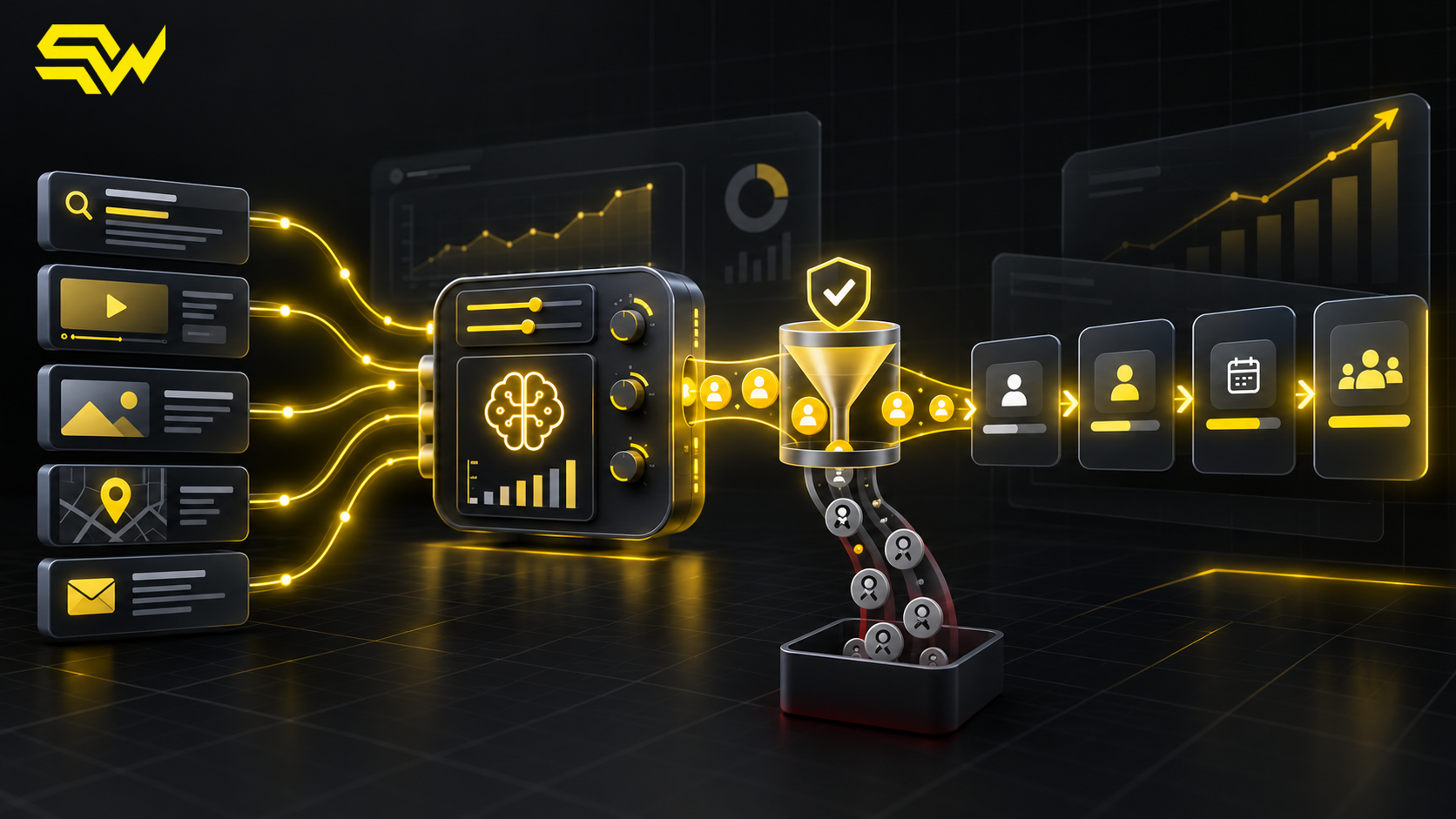 Black and yellow Performance Max lead-generation illustration showing multiple ad channels feeding an AI campaign hub, lead-quality filter and CRM stages for qualified outcomes, with the SW icon in the upper-left corner.