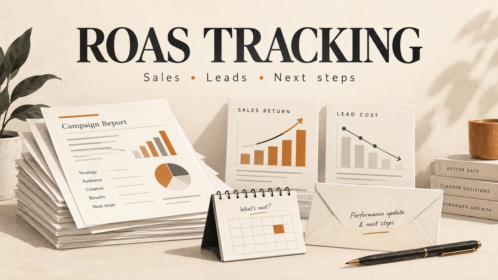 Illustration of campaign reports, sales-return and lead-cost charts, a calendar and a performance email with next steps.